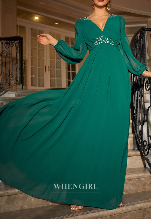 Hunter Green V Chiffon Long Sleeves Cut Out Mother of the Bride Dress