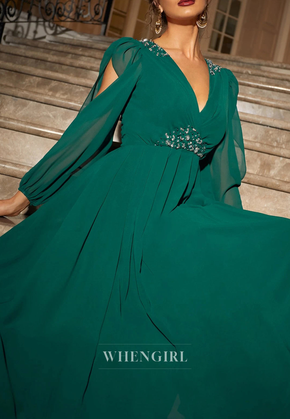 Hunter Green V Chiffon Long Sleeves Cut Out Mother of the Bride Dress