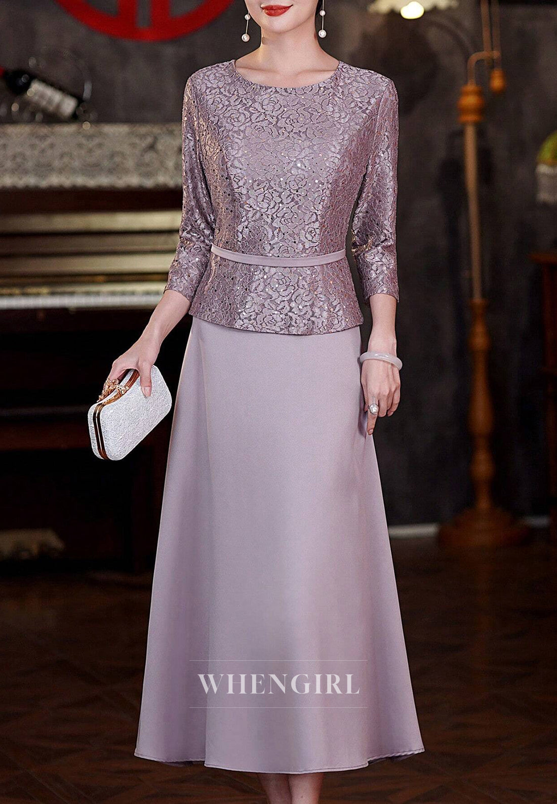 Purple 3/4 Sleeves A-Line Bateau Neck Tea Length Mother of the Bride Dress