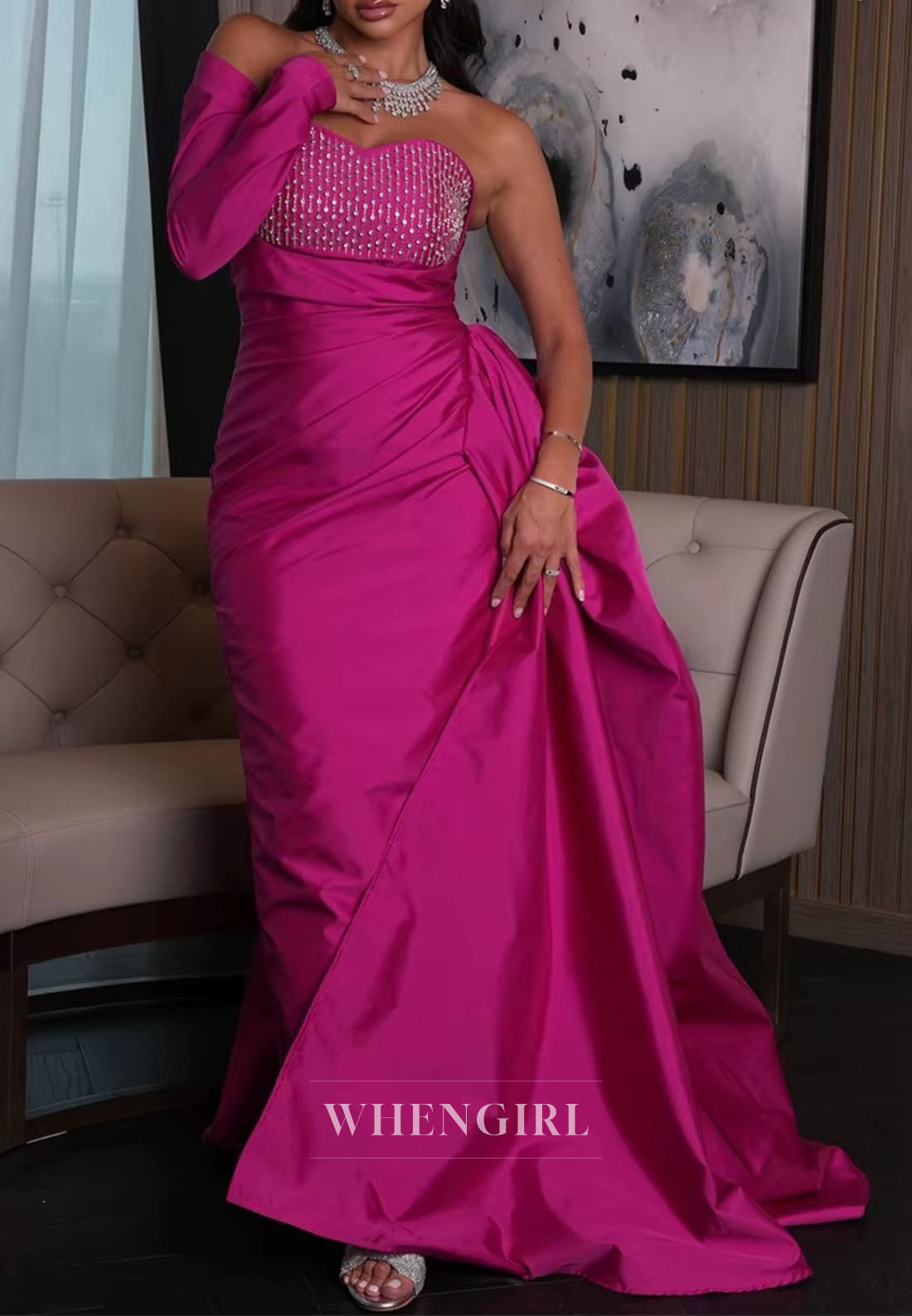 Fuchsia Sheath Sweetheart Beaded Single Sleeve Ruched Evening Dress with Side Train