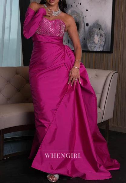 Fuchsia Sheath Sweetheart Beaded Single Sleeve Ruched Evening Dress with Side Train