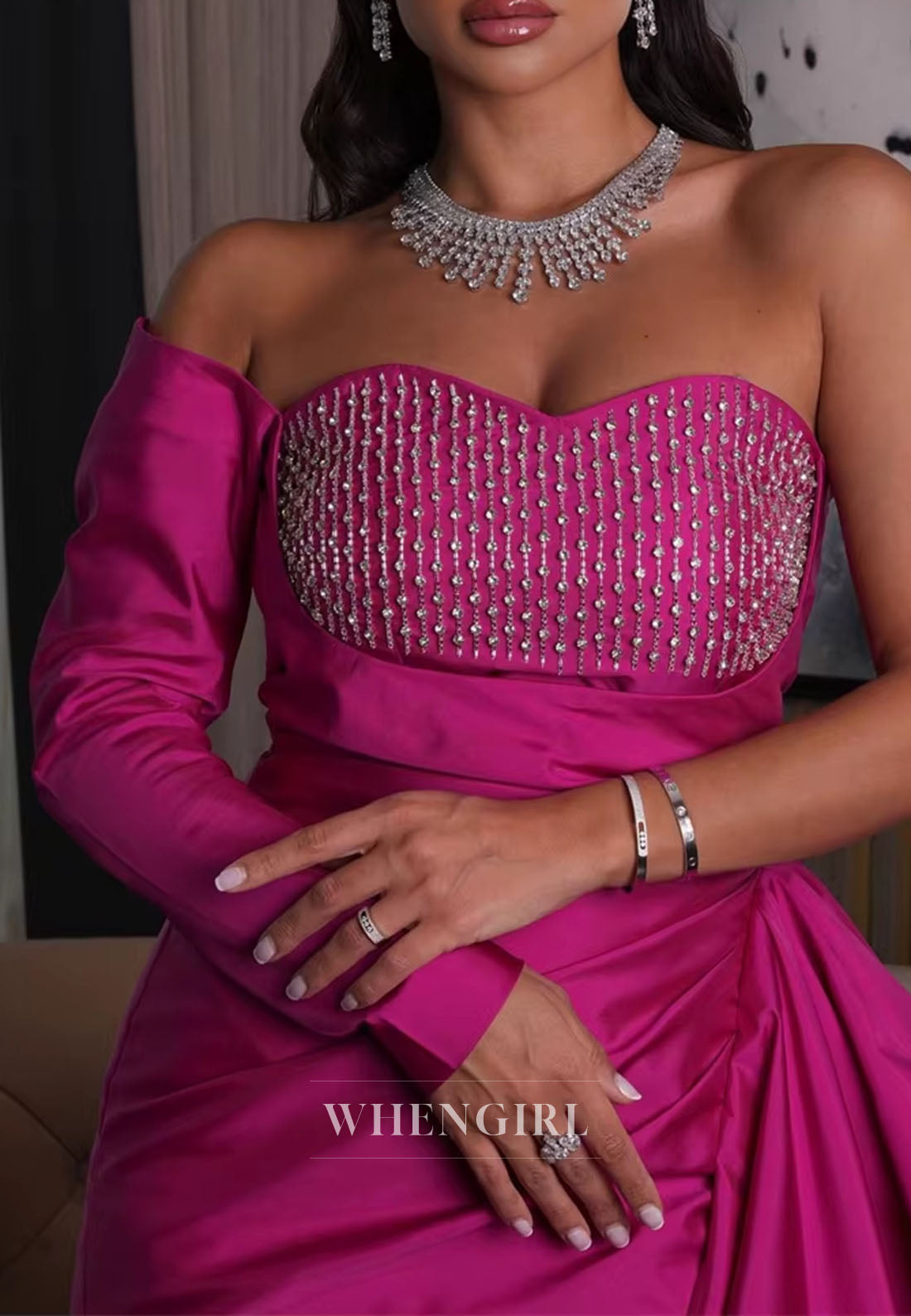 Fuchsia Sheath Sweetheart Beaded Single Sleeve Ruched Evening Dress with Side Train