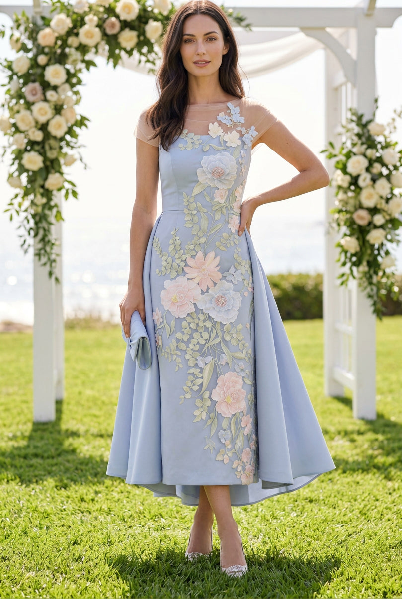 Floral Applique High-Low Gown with Sheer Wrap