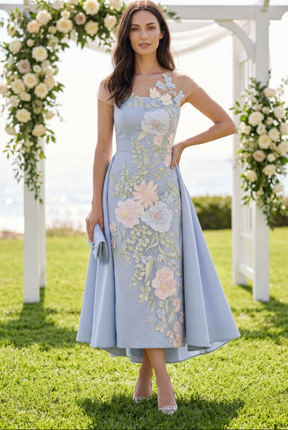 Floral Applique High-Low Gown with Sheer Wrap