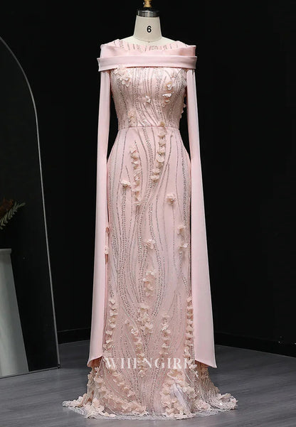 Column Bateau Neck Long Sleeves Floral Beaded Evening Formal Dress