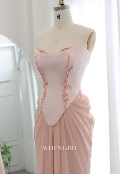 Pink Sheath Sweetheart Strapless Pleated Beaded Floor Length Lace Up Evening Formal Dress