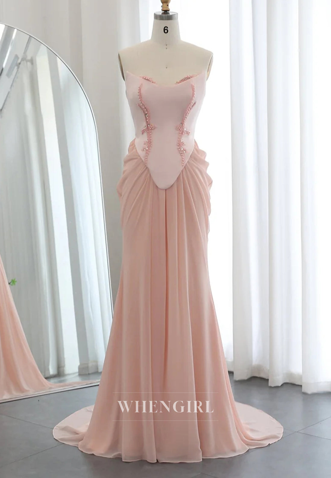 Pink Sheath Sweetheart Strapless Pleated Beaded Floor Length Lace Up Evening Formal Dress