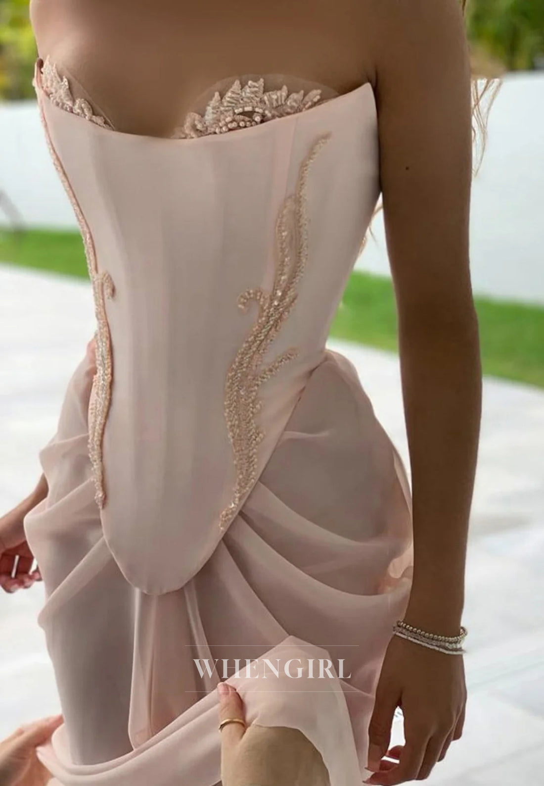 Pink Sheath Sweetheart Strapless Pleated Beaded Floor Length Lace Up Evening Formal Dress