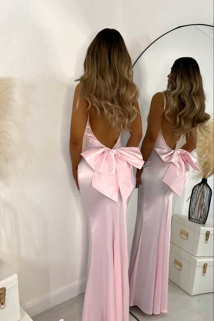Pink Silk Satin With Beading Straps Backless With Bowknot Mermaid Bridesmaid Dress