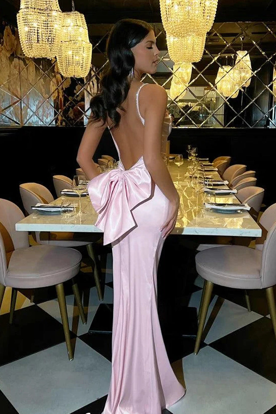 Pink Silk Satin With Beading Straps Backless With Bowknot Mermaid Bridesmaid Dress