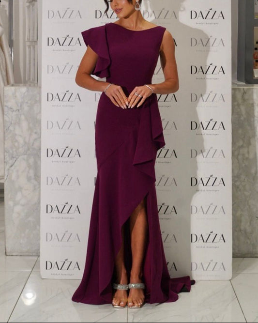 Grape Bateau Neck Ruffles Side Slit Mermaid Evening Dress