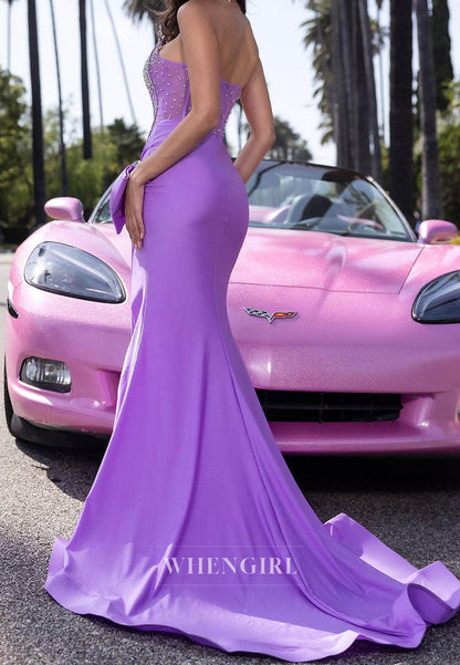 Purple Tube Top Beaded Side Slit Bowknot Sleeveless Mermid Prom Dress