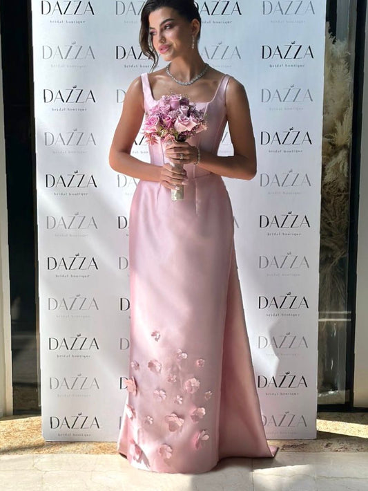 Pink Column Suqare Neck Floral Satin Evening Gown