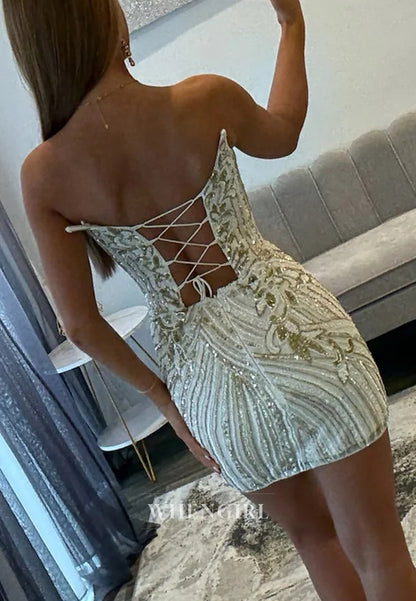 Sheath Sequins Beading V Neck Sleeveless Lace Up Short Homecoming Dress