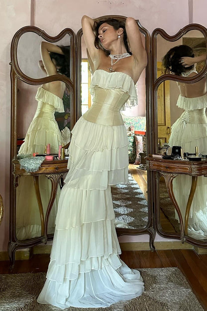 Princess A Line Sweetheart Ivory Corset Party Dress with Ruffles Criss Cross Back