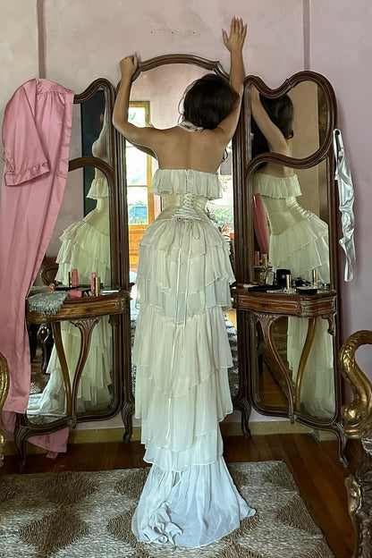 Princess A Line Sweetheart Ivory Corset Party Dress with Ruffles Criss Cross Back