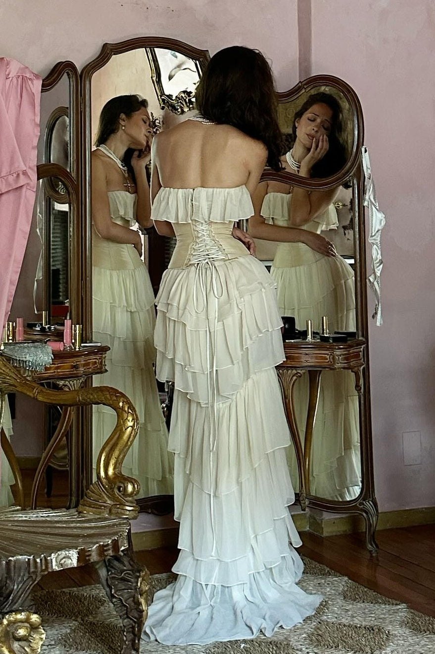 Princess A Line Sweetheart Ivory Corset Party Dress with Ruffles Criss Cross Back