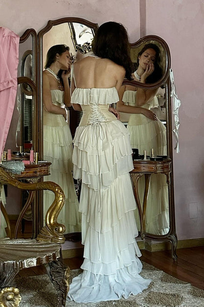 Princess A Line Sweetheart Ivory Corset Party Dress with Ruffles Criss Cross Back