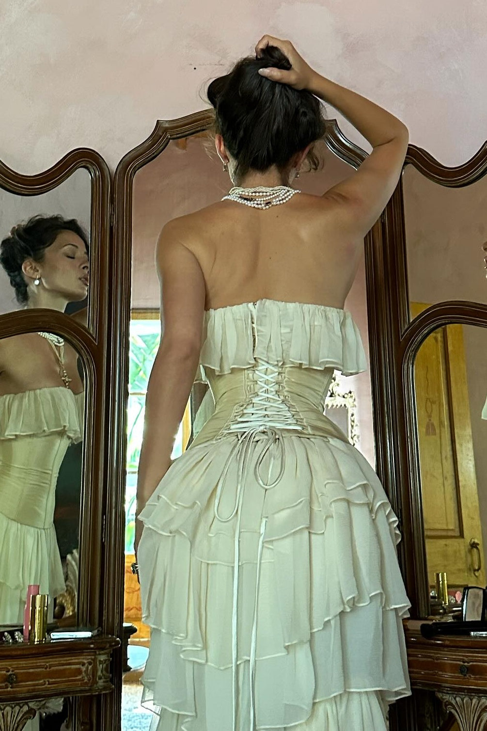 Princess A Line Sweetheart Ivory Corset Party Dress with Ruffles Criss Cross Back