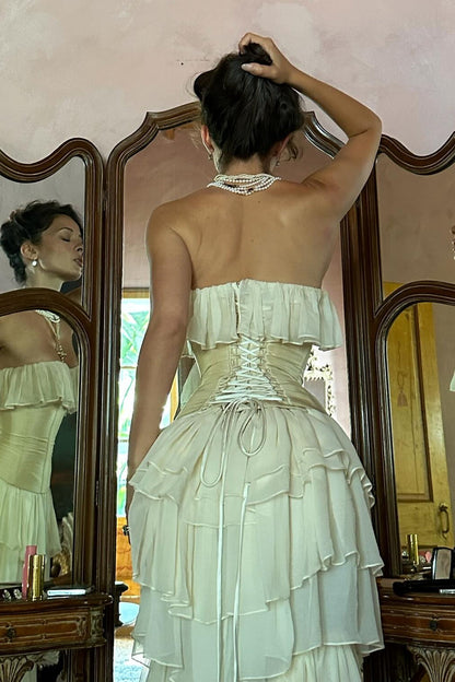 Princess A Line Sweetheart Ivory Corset Party Dress with Ruffles Criss Cross Back