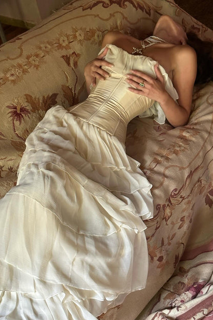 Princess A Line Sweetheart Ivory Corset Party Dress with Ruffles Criss Cross Back