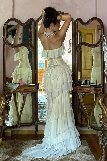 Princess A Line Sweetheart Ivory Corset Party Dress with Ruffles Criss Cross Back