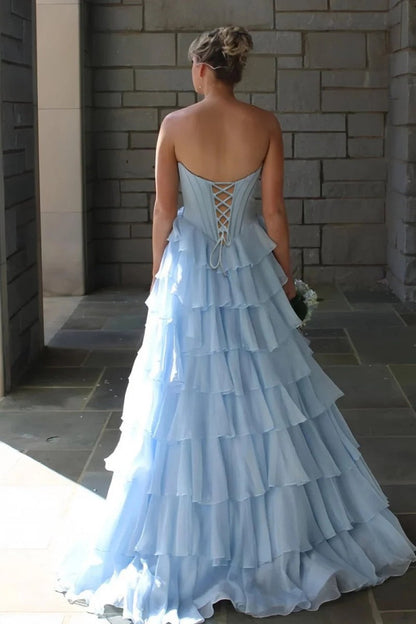 Princess A Line Sweetheart Light Blue Corset Prom Dress with Appliques Ruffles