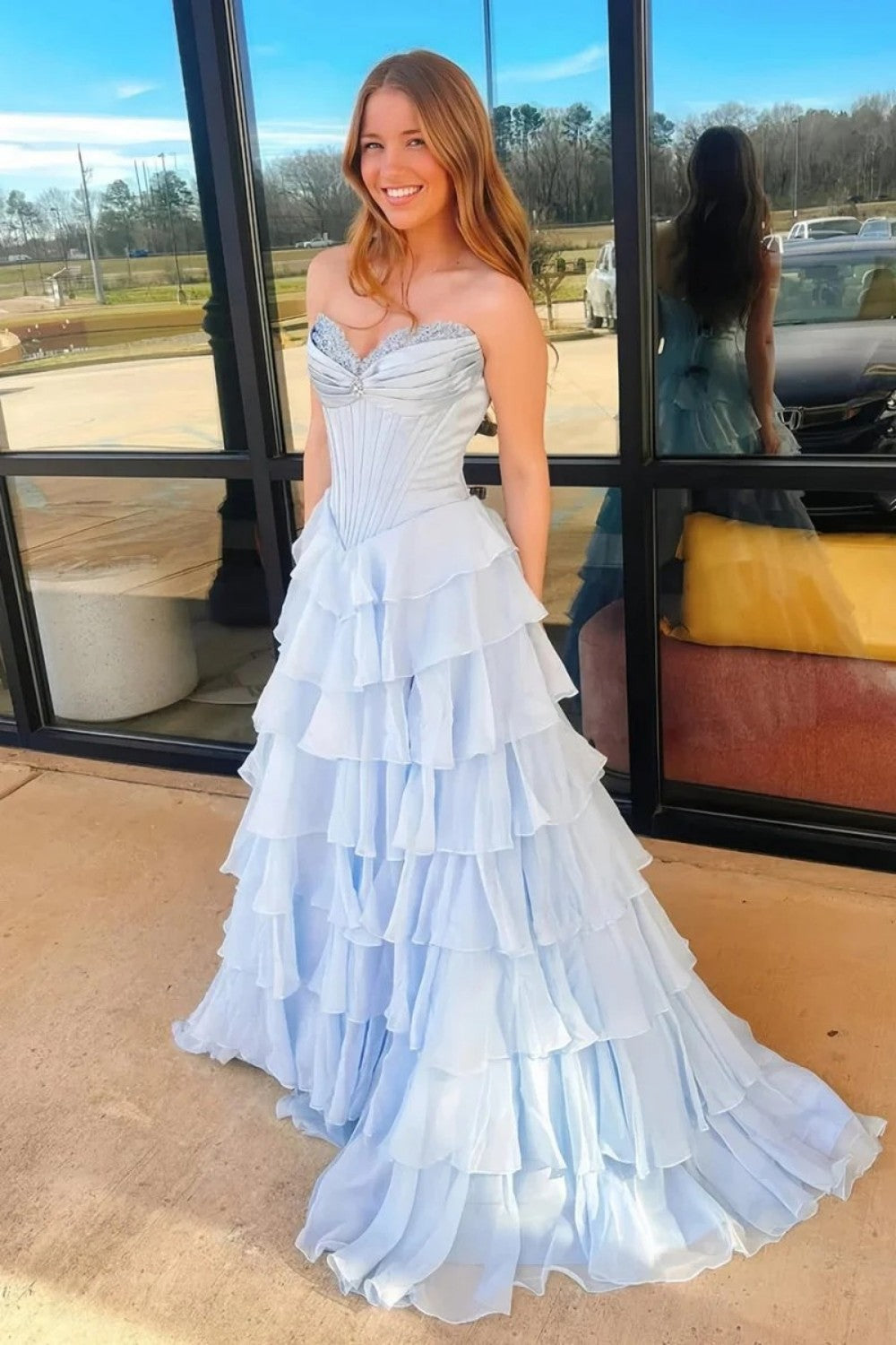 Princess A Line Sweetheart Light Blue Corset Prom Dress with Appliques Ruffles
