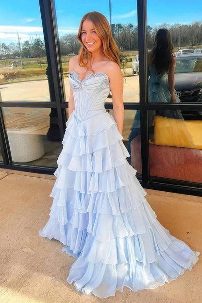 Princess A Line Sweetheart Light Blue Corset Prom Dress with Appliques Ruffles