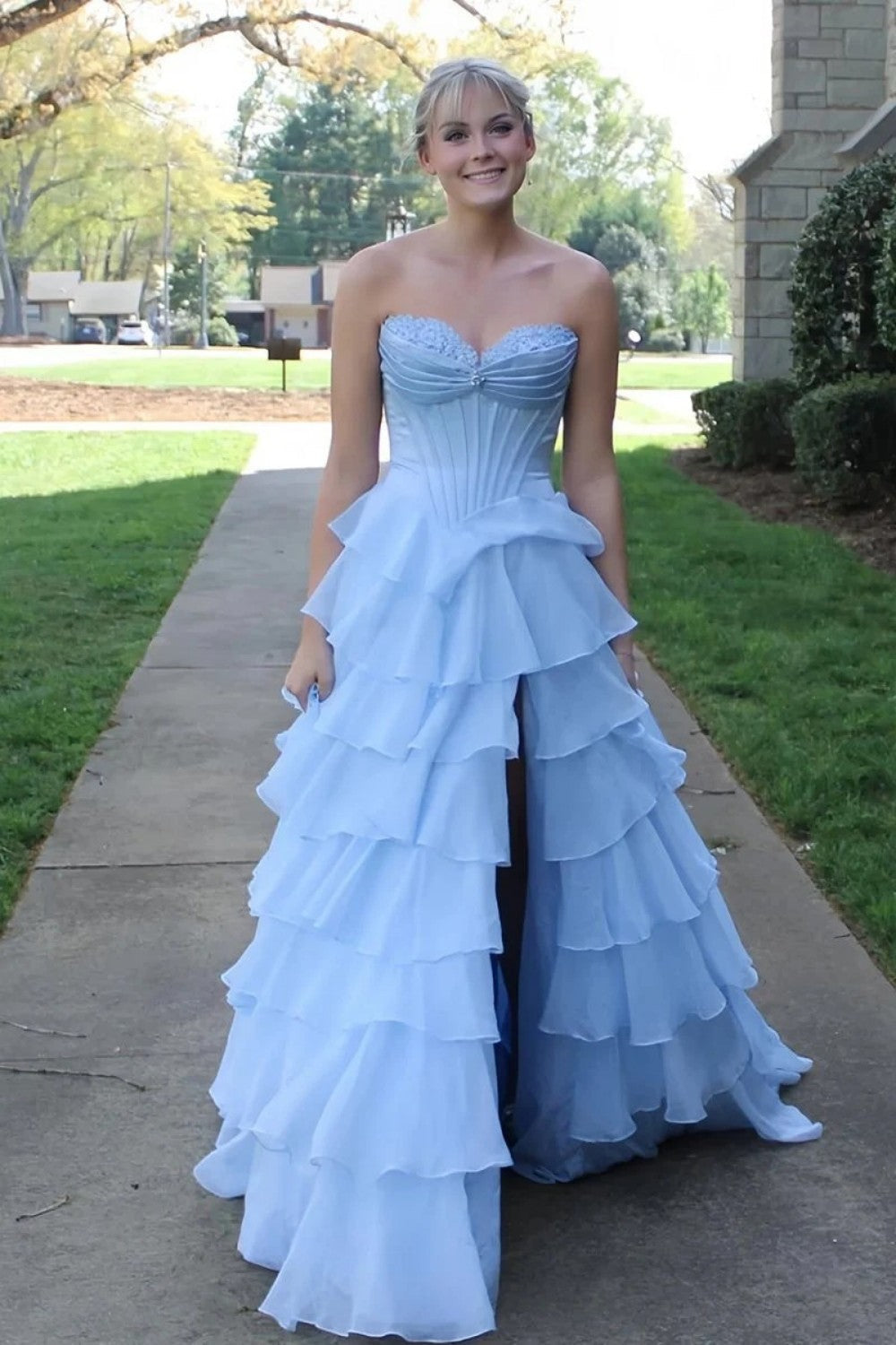 Princess A Line Sweetheart Light Blue Corset Prom Dress with Appliques Ruffles