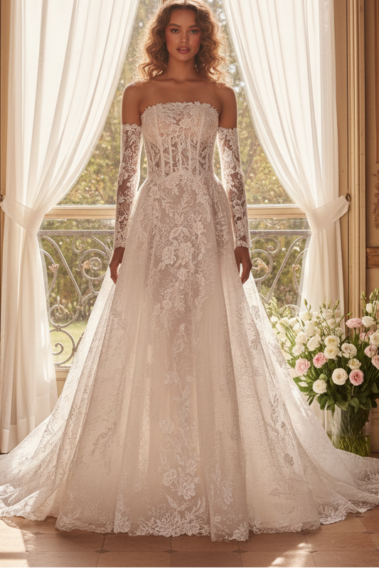 Tube Top Long Sleeves Chapel Train Lace Wedding Dress