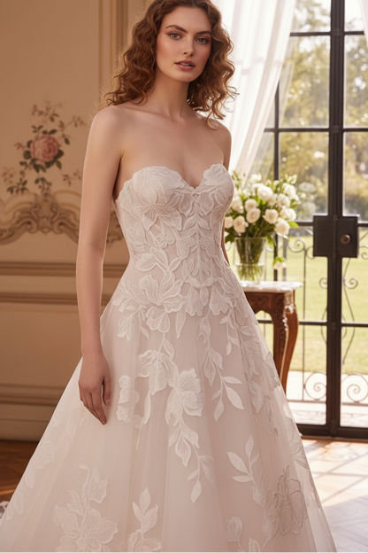 A-Line Sweetheart Appliques Sleeveless Court Train Wedding Dress