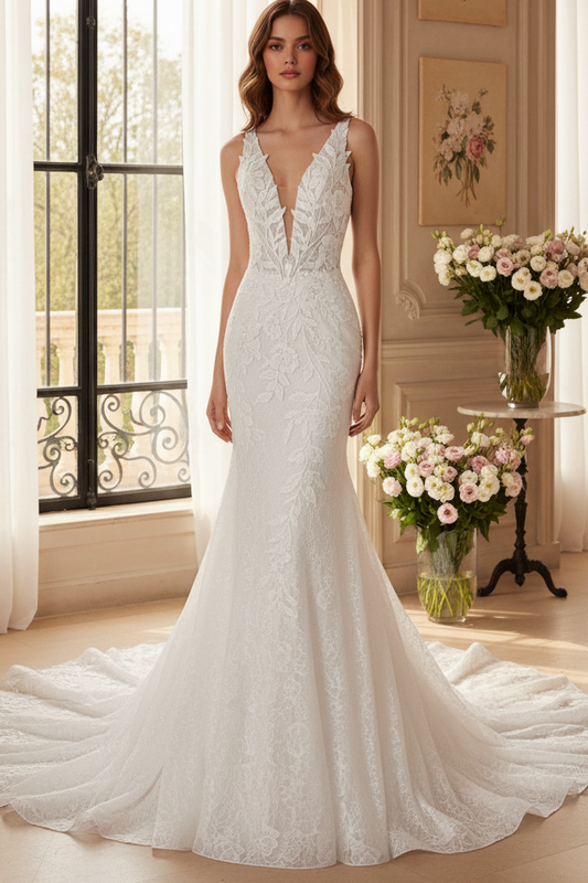 Mermaid V Neck Sleeveless Chapel Train Wedding Dress