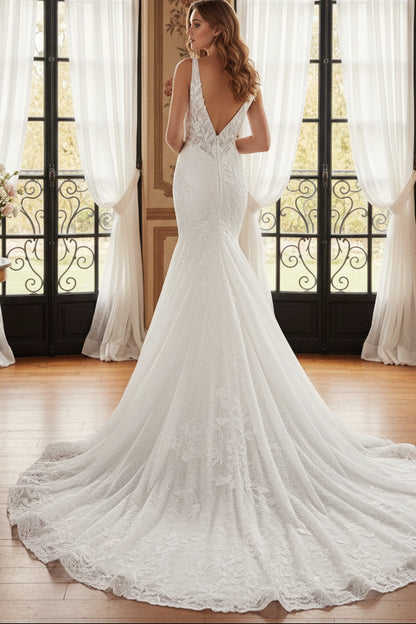 Mermaid V Neck Sleeveless Chapel Train Wedding Dress