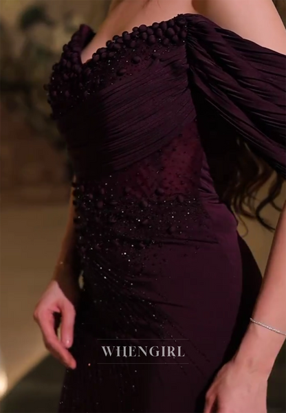 Raspberry Off Shoulder Beaded Mermaid Long Formal Evening Dress with Side Slit