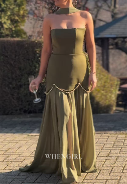 Sheath Sweep Train Sleeveless Pearls Tube Top Formal Evening Dress