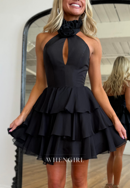 Petite Halter Cut Out Sleevless Black A-Line Homecoming Dress