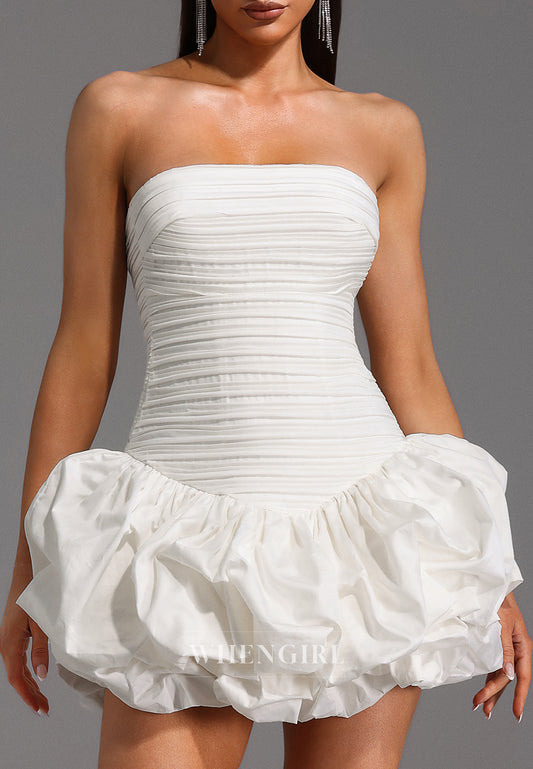 White Tube Top Sleeveless Sheath Ruched Back Zipper Strapless Short Homecoming Dress
