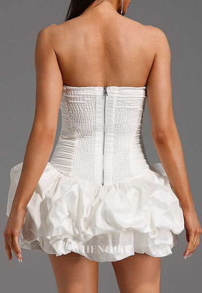 White Tube Top Sleeveless Sheath Ruched Back Zipper Strapless Short Homecoming Dress