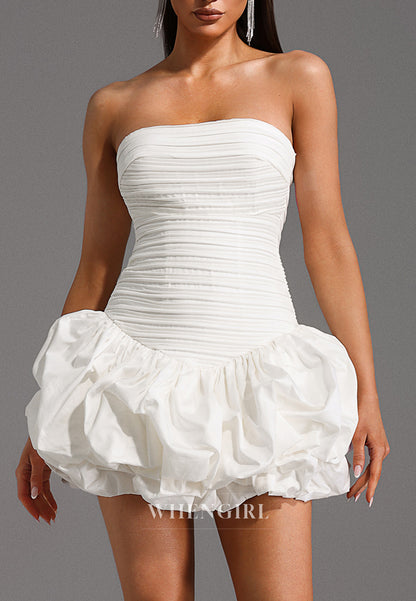 White Tube Top Sleeveless Sheath Ruched Back Zipper Strapless Short Homecoming Dress