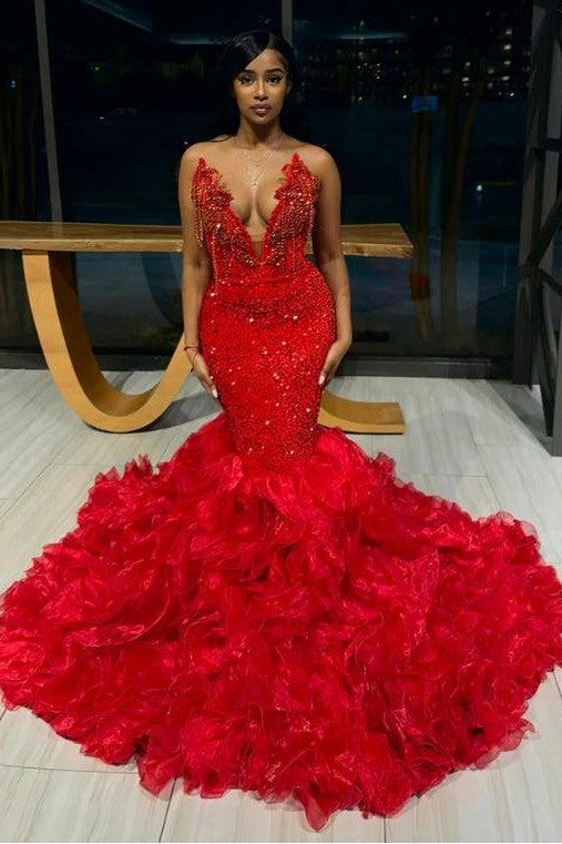 Red V-Neck Strapless Mermaid Beadings Prom Dress with Ruffles
