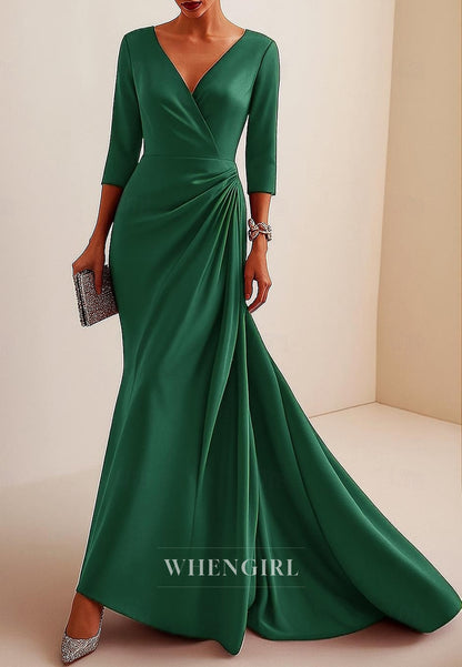 Mermaid V Neck 3/4 Sleeves Pleated Sweep Train Mother of the Bride Dress Evening Gown
