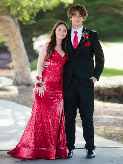 Red Lace Applique Sequin Lace-Up Back Mermaid Shiny Prom Dress