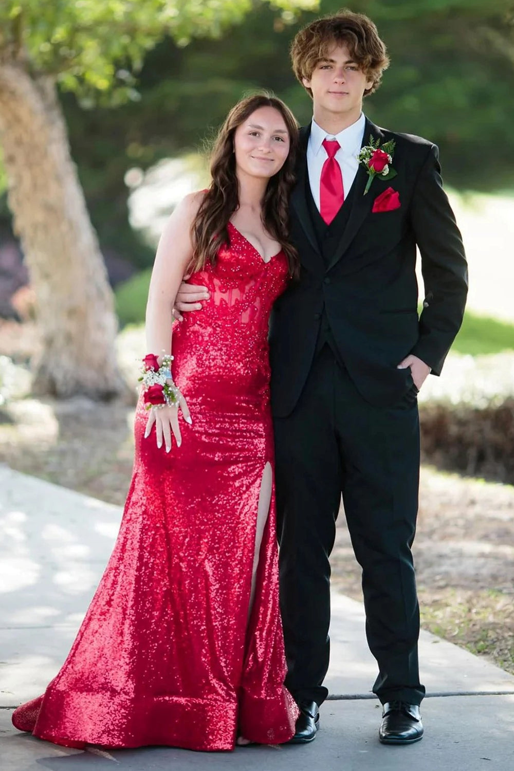 Red Lace Applique Sequin Lace-Up Back Mermaid Shiny Prom Dress