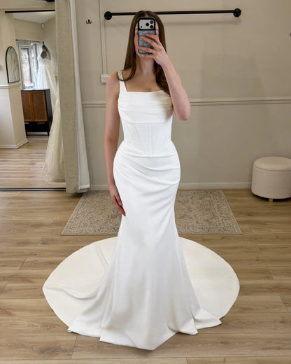 Mermaid Square Neck Sleeveless Ruched Wedding Dress