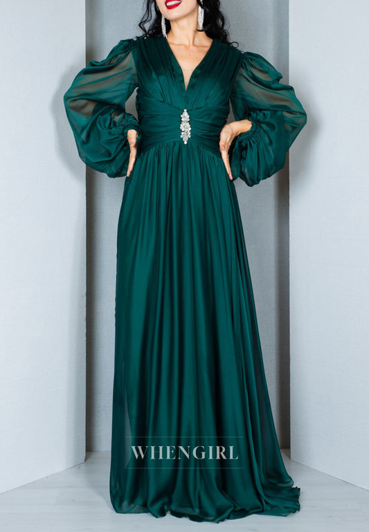 Green V Neck Long Sleeves Beaded A-Line Mother of the Bride Dress