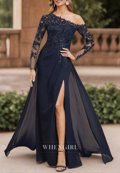 Nacy Sheath One Shoulder Lace Long Sleeves Side Slit Floor Length Mother of the Bride Dress