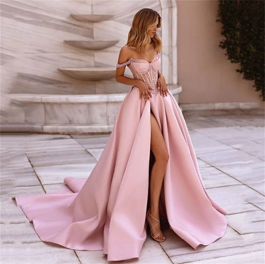 Off Shoulder With Pearls Prom Dress Side High Split A-line Court Train Evening Gown 2025