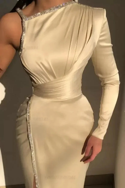 Elegant Champagne Evening Gowns One Shoulder Long Sleeves Prom Dresses Beaded customized Wedding Party Dress