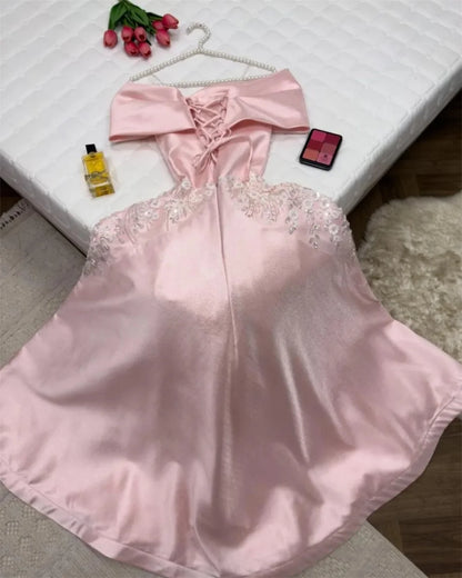 Pink Off Shoulder Sequinned Appliques Prom Dresses A-Line Lace-Up  Sleeveless Evening Dress